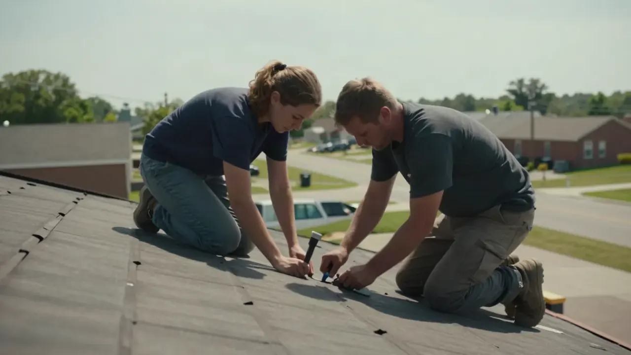 Roof Leak Repair in Baytown, Texas: two team members working together on a Roof Leak Repair job